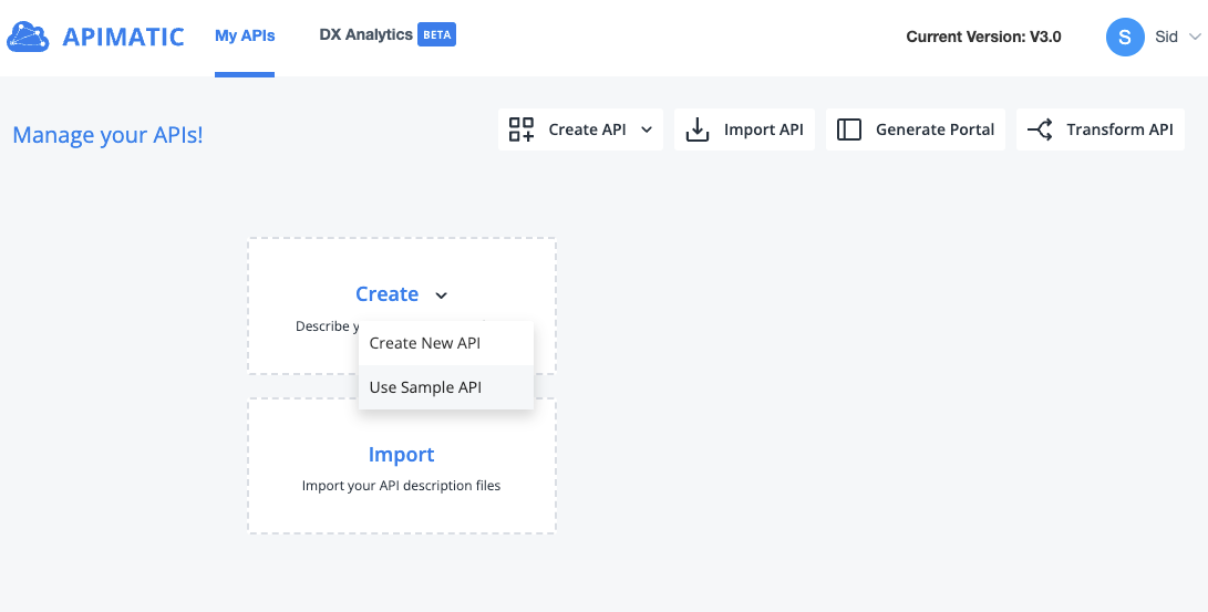 APIMatic Dashboard Create API
