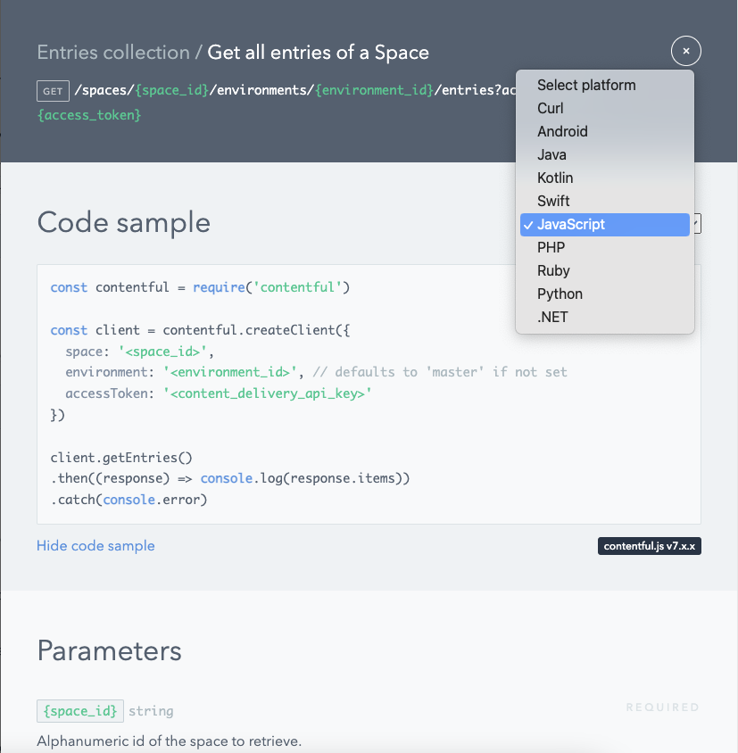 Contentful docs code samples